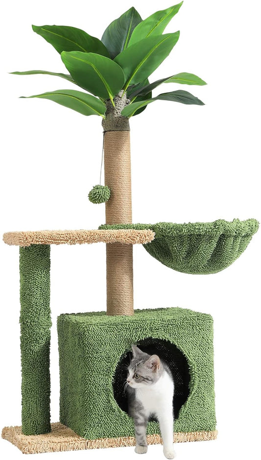 MSmask Cat Tree with Square Condo, Artificial Palm Tree Cat Tower with Sisal Scratching Post, Hammock, Plush Platform, Climbing Nature Cat Tree for Indoor Cats