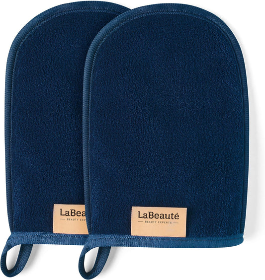 LaBeauté Make-Up Removal Glove Microfibre (Pack of 2, 20 x 13 cm) Washable and Reusable Make Up Remover Glove, Make-Up Glove, for Facial Cleansing and Make-Up Removal (Dark Blue)