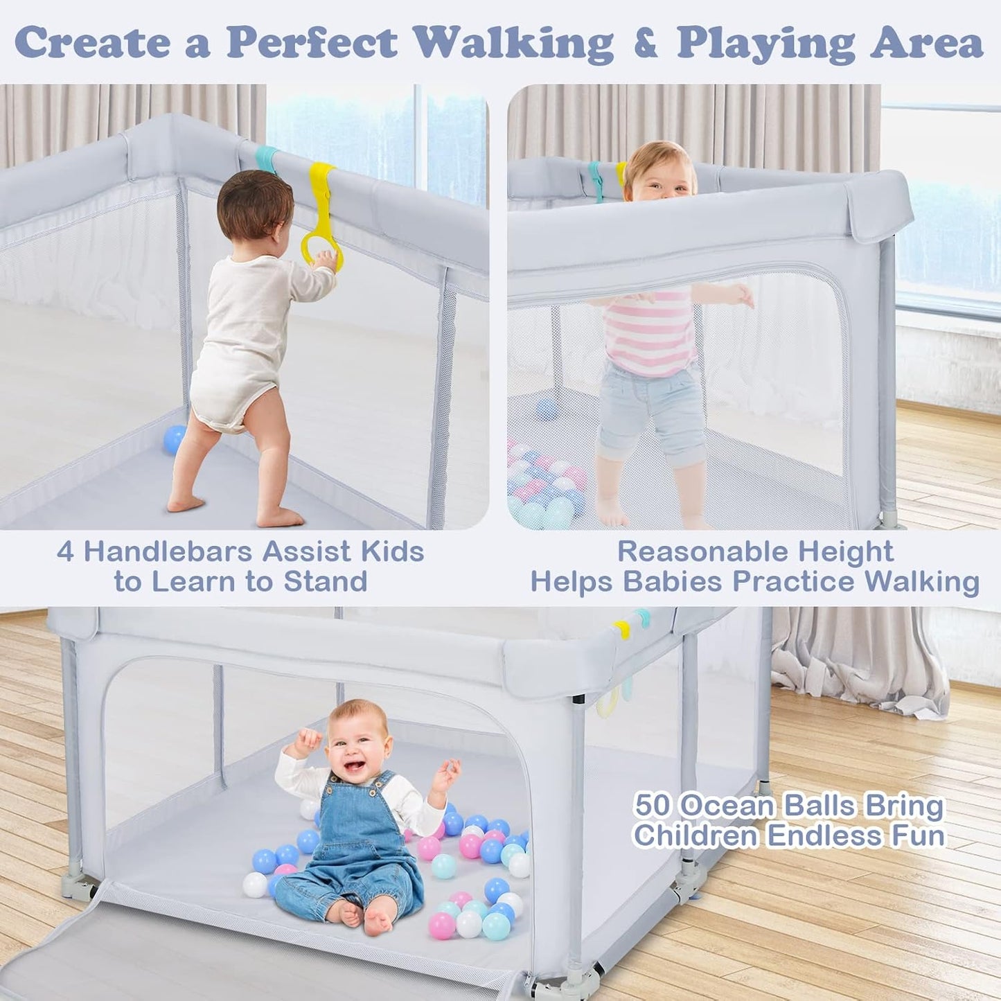 BABY JOY Foldable Baby Playpen, 124 x 124 x 70cm Playpen Activity Center w/50 Balls & 4 Pull Rings (Grey)