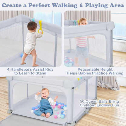 BABY JOY Foldable Baby Playpen, 124 x 124 x 70cm Playpen Activity Center w/50 Balls & 4 Pull Rings (Grey)