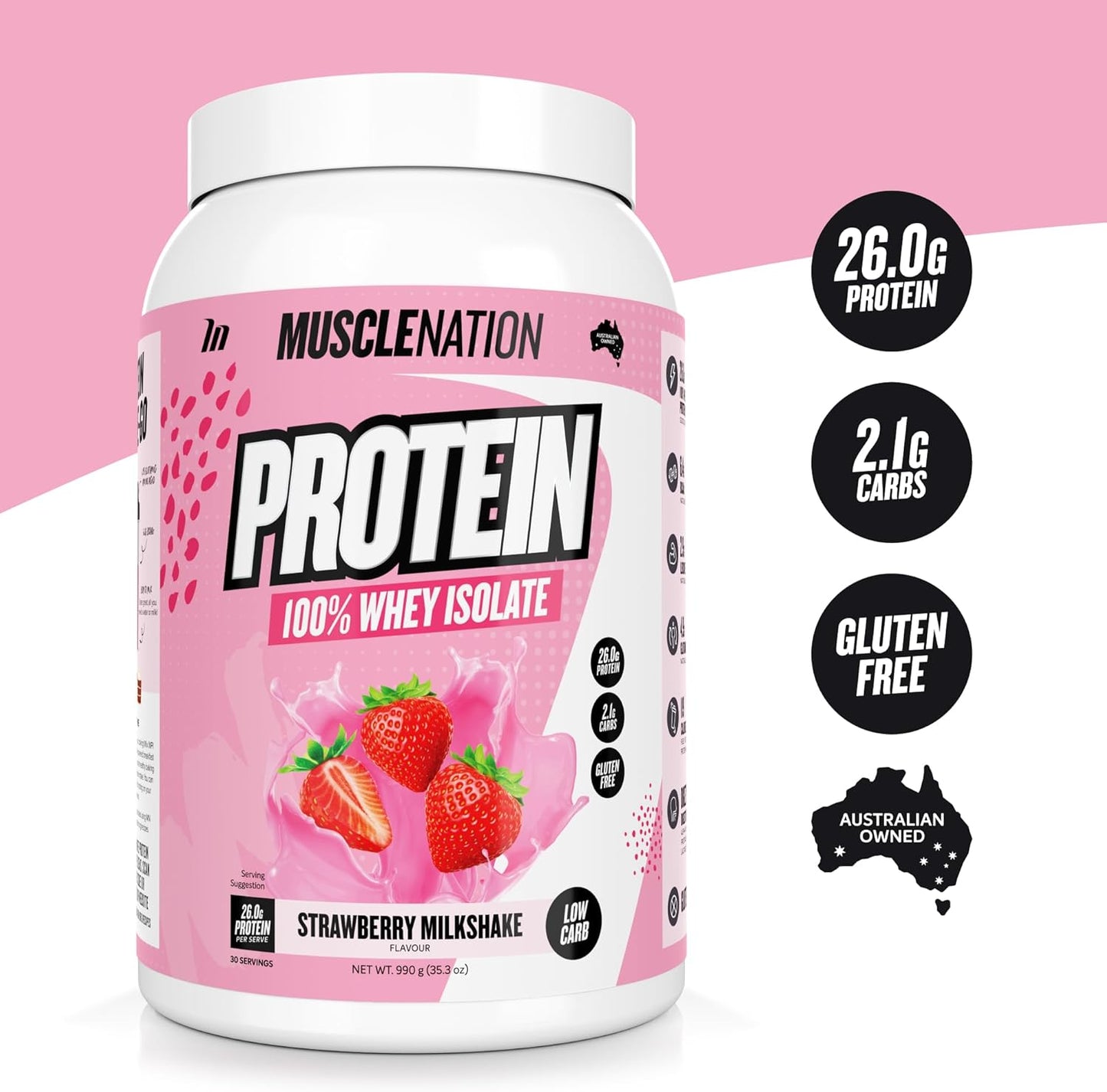 Muscle Nation Strawberry Milkshake Flavour Whey Protein Isolate 990g (30 Serves)