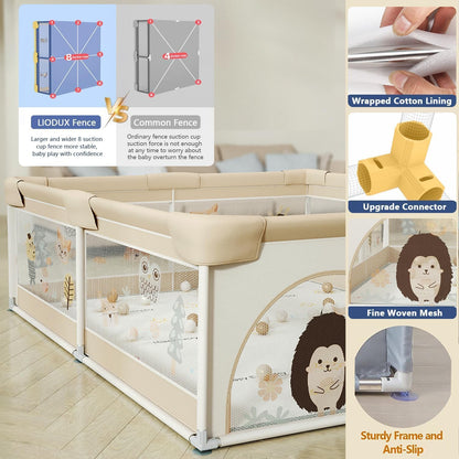 LIODUX Baby Playpen with Mat - 180 x 200cm, Baby Fence Play Area, Toddler (Khaki)