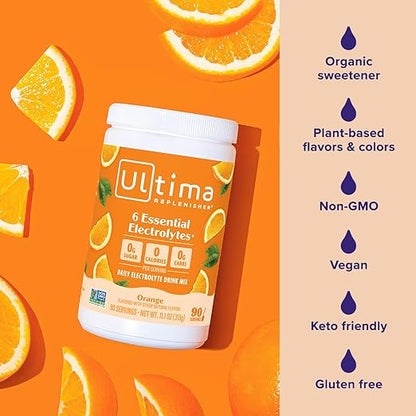 Ultima Replenisher Mocktini Electrolyte Drink Mix – Peach Bellini, 90 Servings – Hydration Powder with 6 Key Electrolytes & Trace Minerals – Keto Friendly, Non- GMO & Sugar-Free Electrolyte Powder