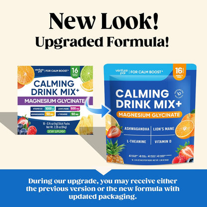 Venture Pal Calming Powdered Drink Mix, Magnesium Glycinate, Ashwagandha, L-Theanine,Vitamin D, Lions Mane, Sugar Free Magnesium Supplement Blend for Relax & Focus, Non GMO, Vegan, On The Go