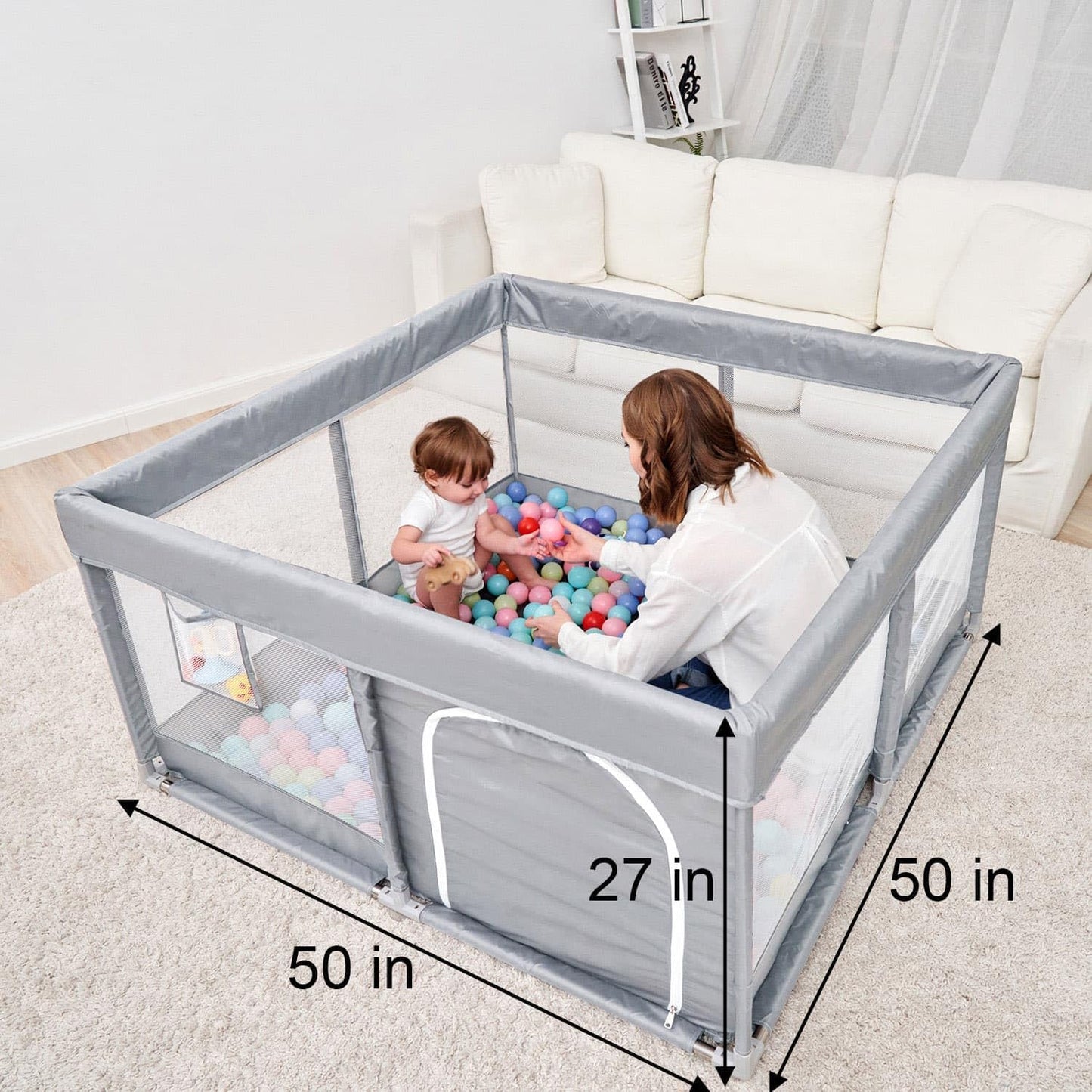 PandaEar Grey Baby Playpen, Large Playpen for Toddlers, Sturdy Baby Play (127×127 cm)