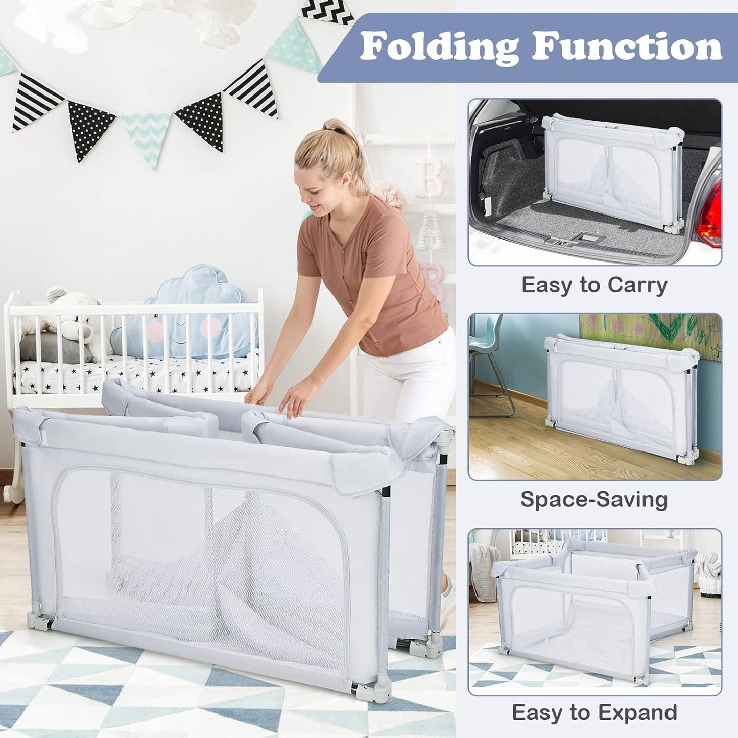 BABY JOY Foldable Baby Playpen, 124 x 124 x 70cm Playpen Activity Center w/50 Balls & 4 Pull Rings (Grey)