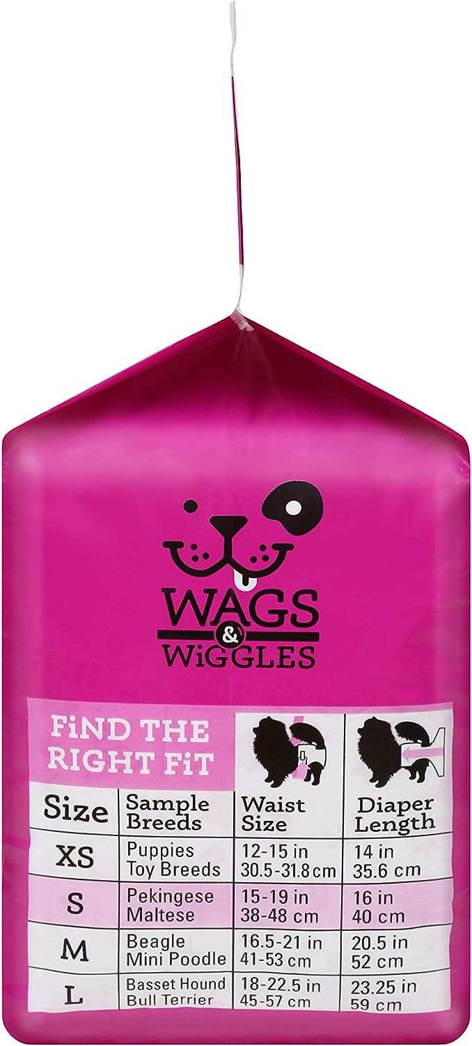 Wags & Wiggles Female Dog Diapers | Doggie Diapers for Female Dogs | Small Dog Diapers, 15"-19" Waist - 12 Pack | Disposable Dog Diapers for Female Dogs