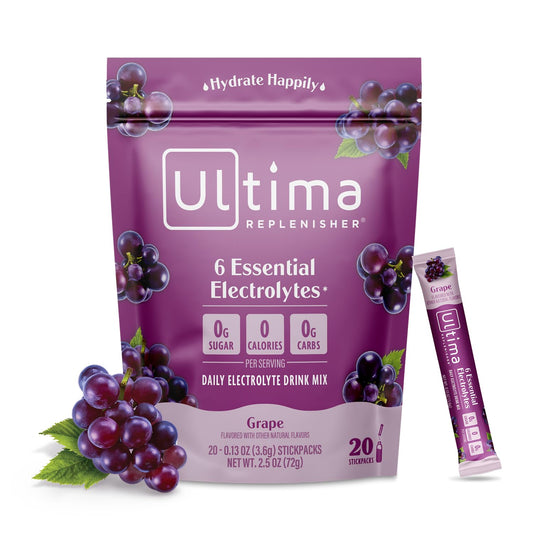 Ultima Replenisher Daily Electrolyte Drink Mix – Grape, 20 Stickpacks – Hydration Packets with 6 Key Electrolytes & Trace Minerals – Keto Friendly, Vegan, Non- GMO & Sugar-Free Electrolyte Powder
