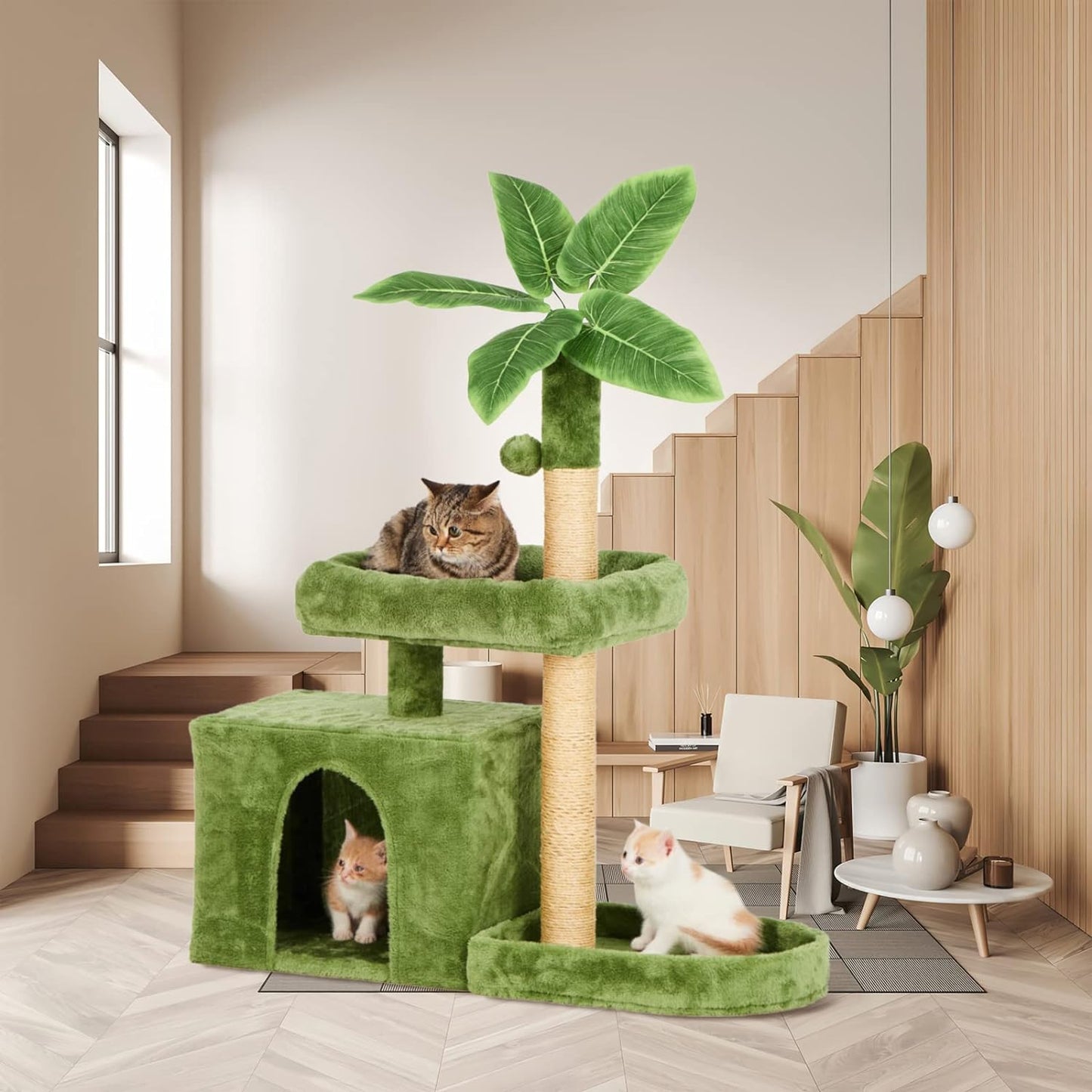 TSCOMON 31.5'' Cat Tree Cat Tower for Indoor Cats with Green Leaves, Cat Condo Cozy Plush Cat House with Hang Ball & Leaf Shape Design, Cat Furniture Pet House with Cat Scratching Posts, Green (CT06)