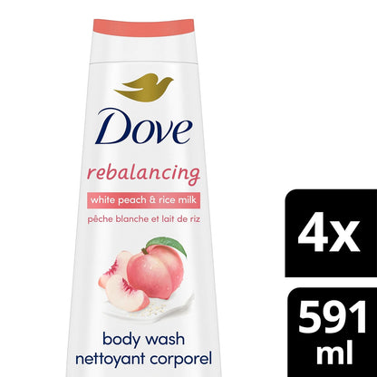 Dove Body Wash Rebalancing White Peach & Rice Milk, 4 Count for Renewed, Healthy Looking Skin, Moisturizing Gentle Skin Cleanser with 24hr Renewing MicroMoisture, 20 oz