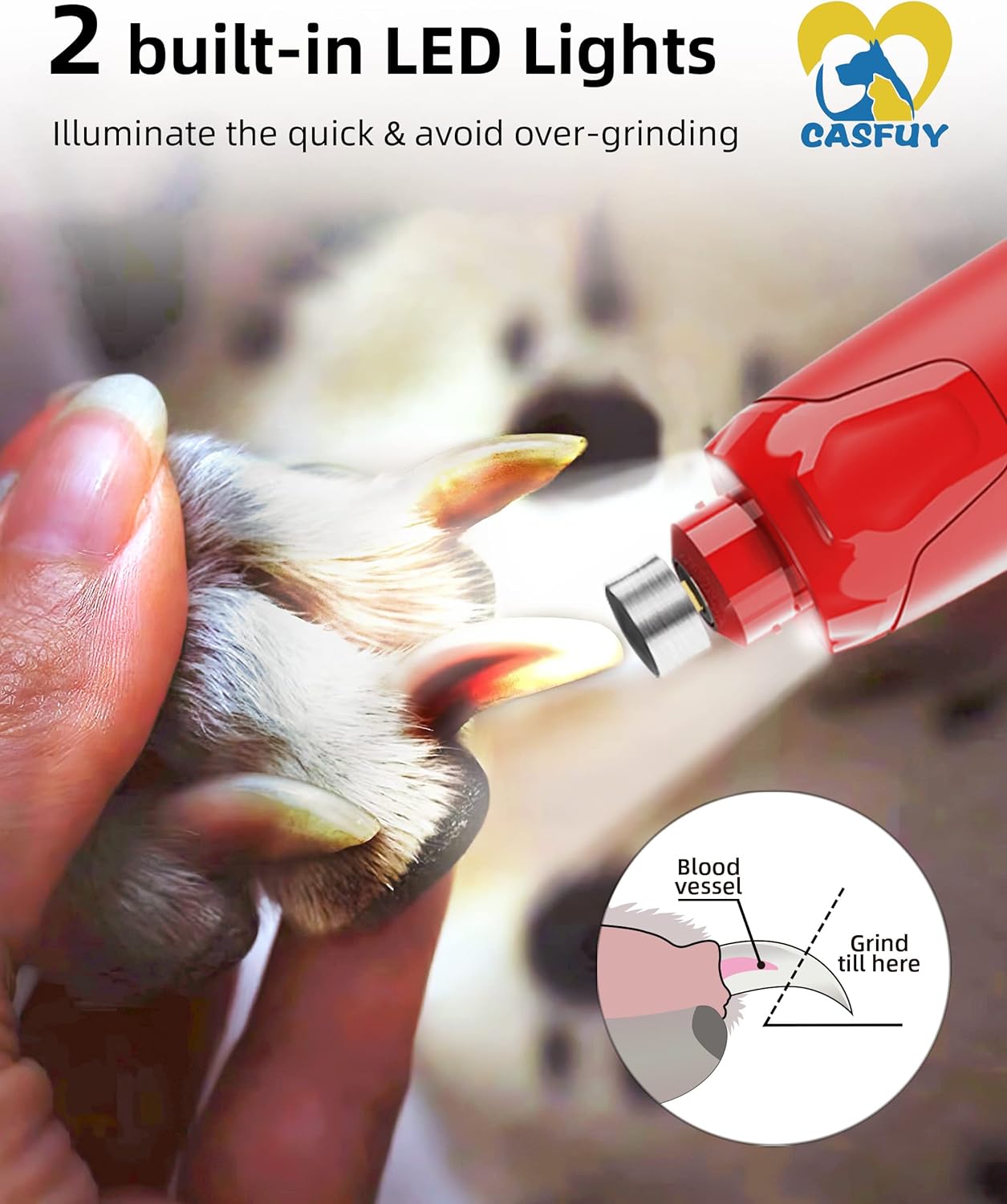 Casfuy Dog Nail Grinder Quiet - (45db) 6-Speed Pet Nail Grinder with 2 LED Lights for Large Medium Small Dogs/Cats, Professional 3 Ports Rechargeable Electric Dog Nail Trimmer with Dust Cap