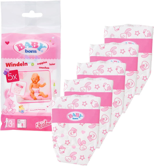 BABY born Nappies for 43 cm Doll - Easy for Small Hands, Creative Play Promotes Empathy & Social Skills, for Toddlers 3+ - Includes 5 Nappies