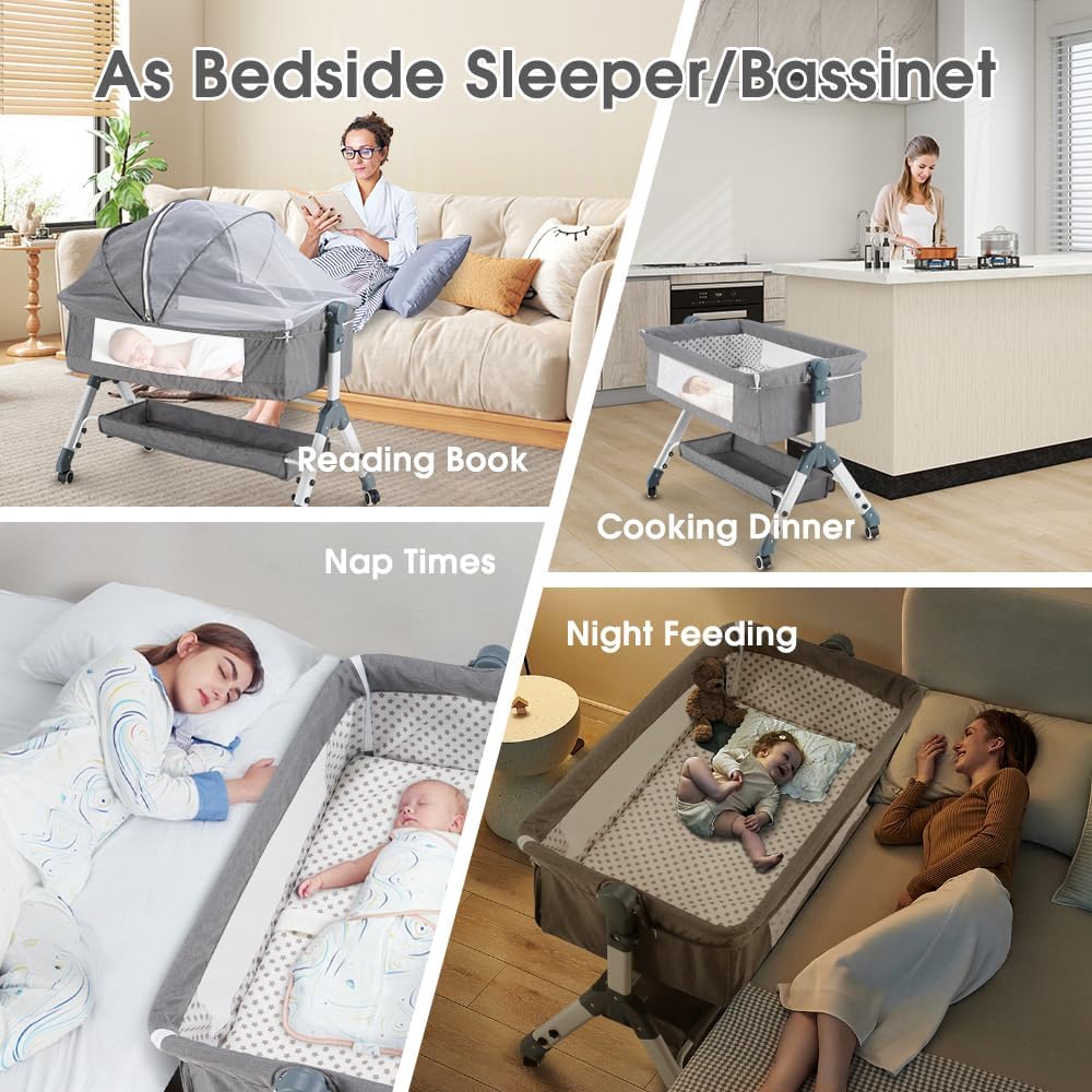 PlayPals Baby Bassinet with Mattress, Rocking Baby Crib,Grey