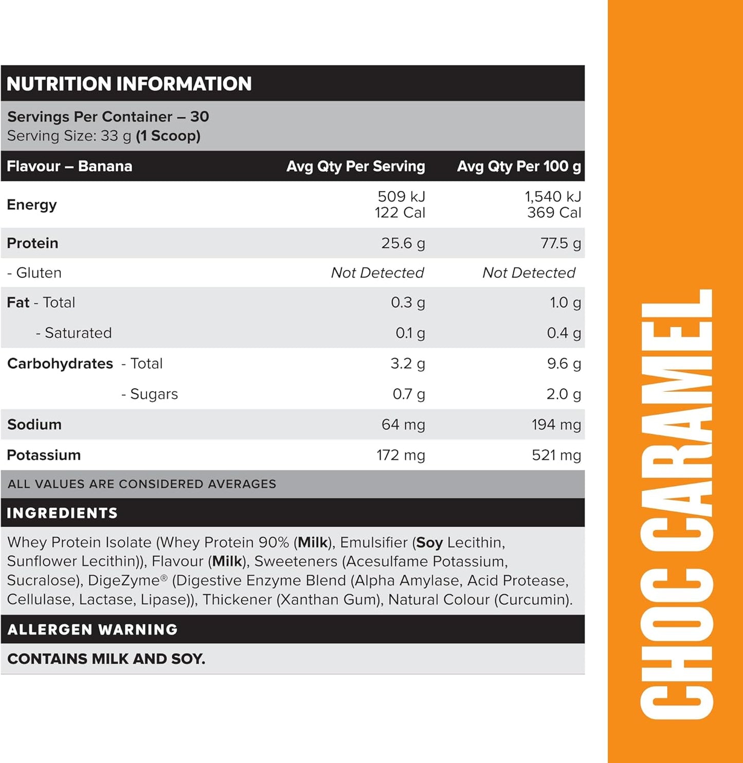 Muscle Nation Choc Caramel Flavour Whey Protein Isolate 990g (30 Serves)