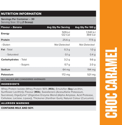 Muscle Nation Choc Caramel Flavour Whey Protein Isolate 990g (30 Serves)