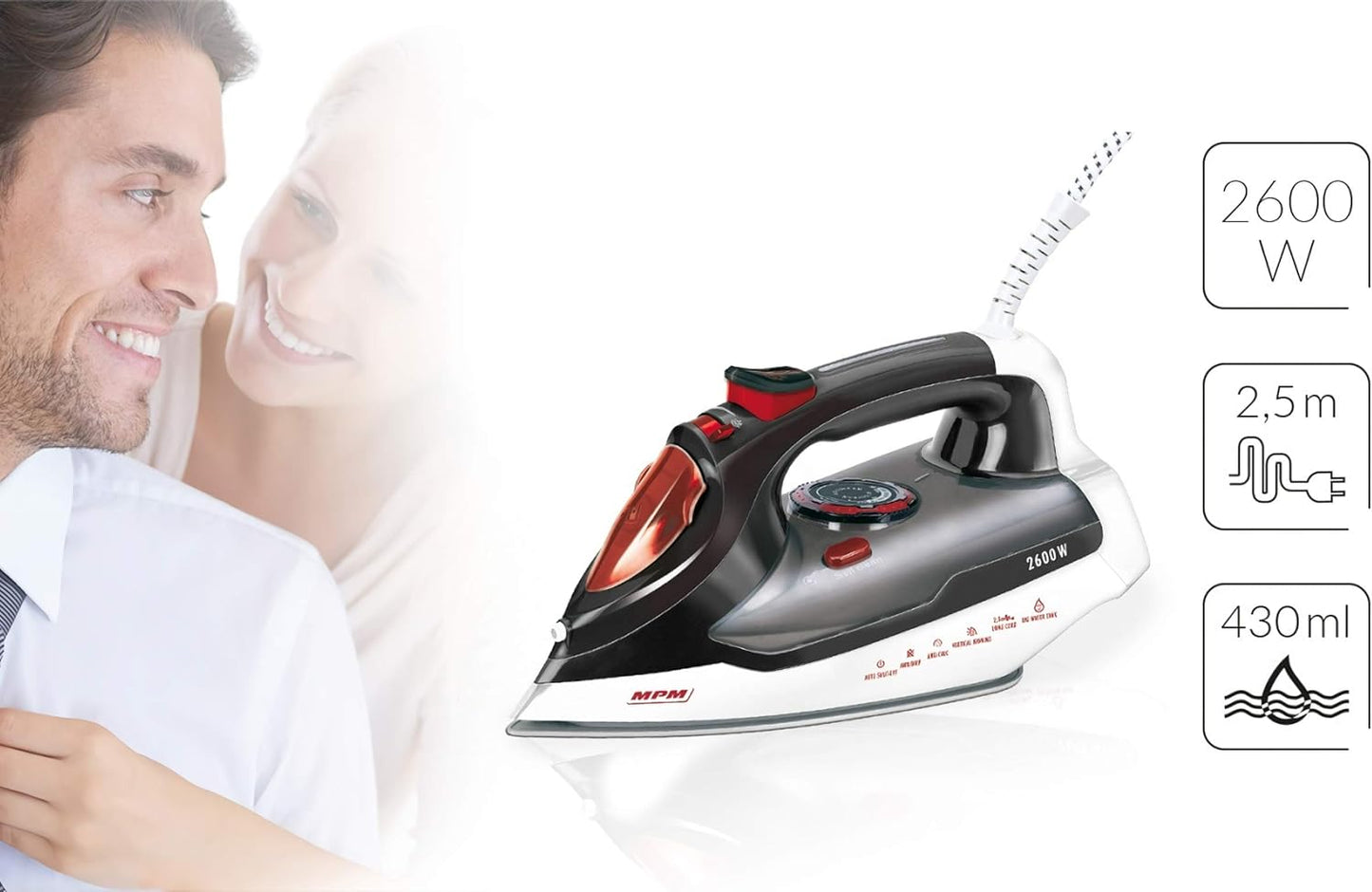 MPM MZE-17 Iron, Ceramic Soleplate, Steam Iron, Vertical Steam, Steam Tapping, Self-Cleaning, Drip Stop, 7 Functions, 430 ml Reservoir, Automatic Shut-Off, 2600 W