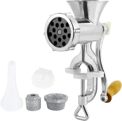 Meat Grinder, Aluminium Multifunctional Manual Meat Grinder Spice Pepper Grinder Kitchen Appliances for Table Mounting Tinned Cast Steel Silver