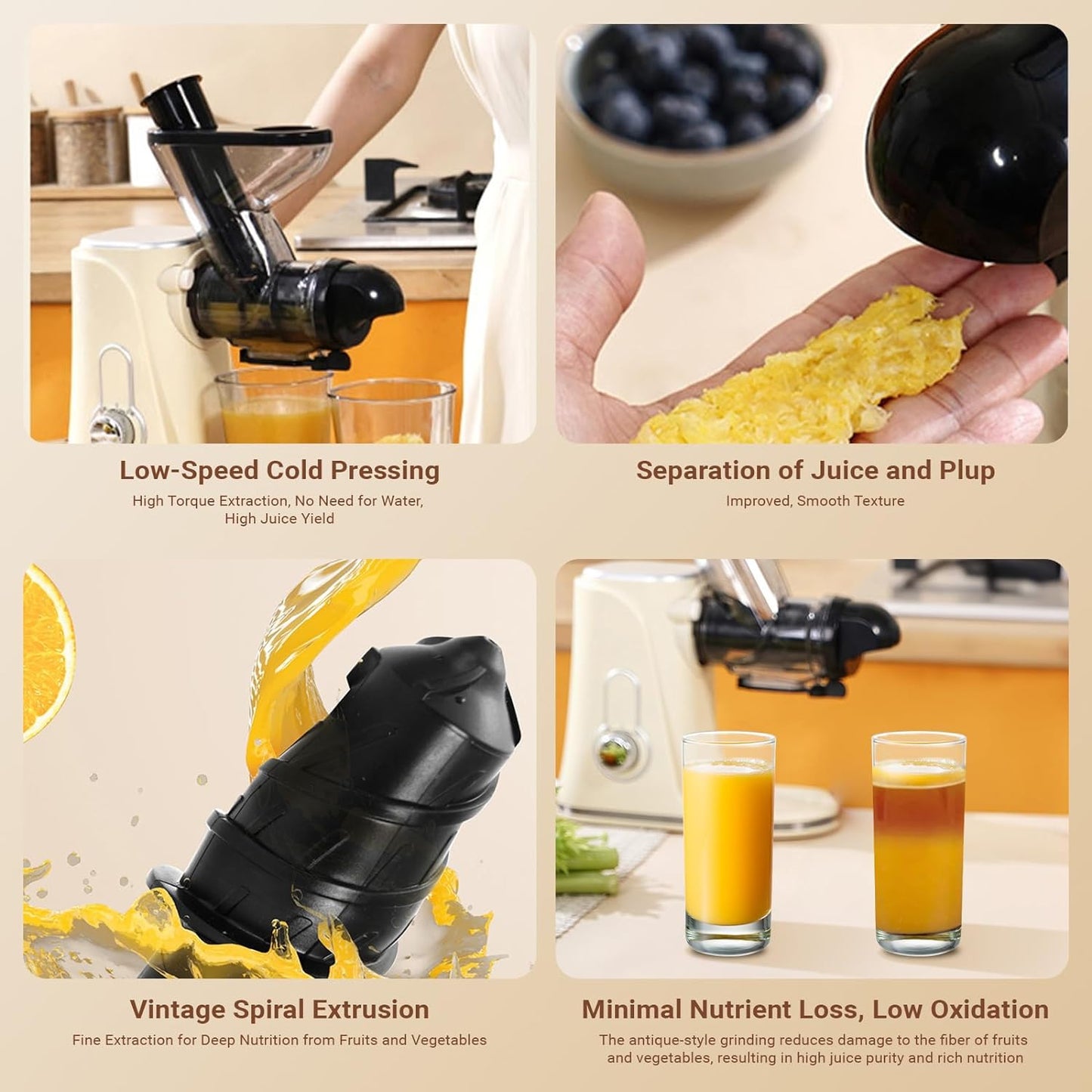 Cold Press Juicer Machine, Slow Masticating Juicer with Reverse Function, 97% Juice Yield High Nutrient and Vitamin, Vegetable and Fruit Juice Extractor