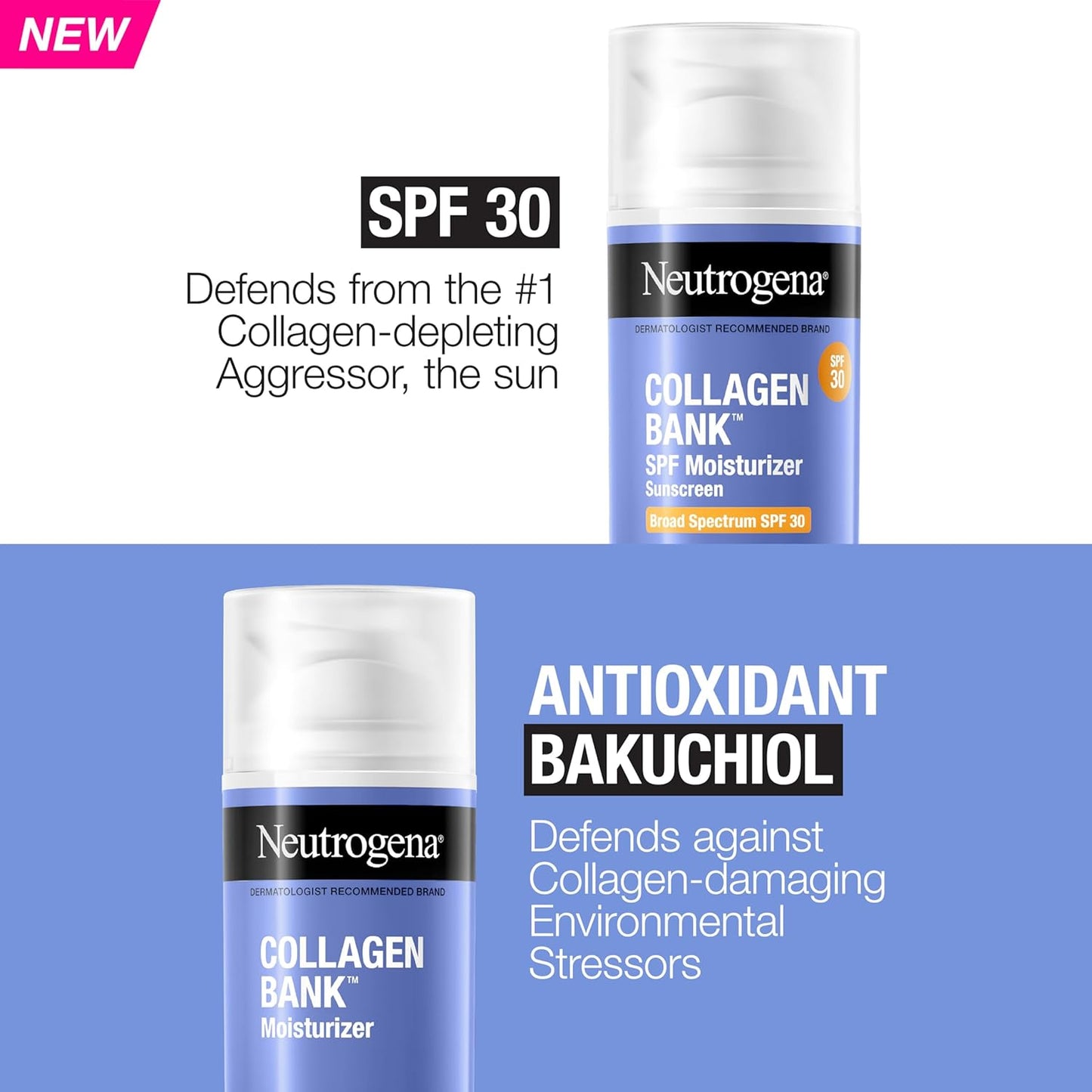 Neutrogena Collagen Bank Facial Moisturizer, SPF 30, Daily Collagen Face Moisturizer + Bakuchiol for Visibly Glowing, Plump Skin, Non-Comedogenic, Lightweight & Fragrance-Free, 2 fl. oz