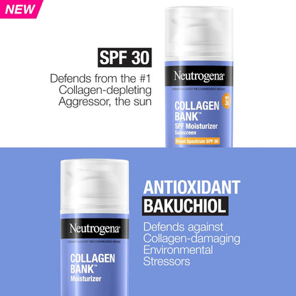 Neutrogena Collagen Bank Facial Moisturizer, SPF 30, Daily Collagen Face Moisturizer + Bakuchiol for Visibly Glowing, Plump Skin, Non-Comedogenic, Lightweight & Fragrance-Free, 2 fl. oz