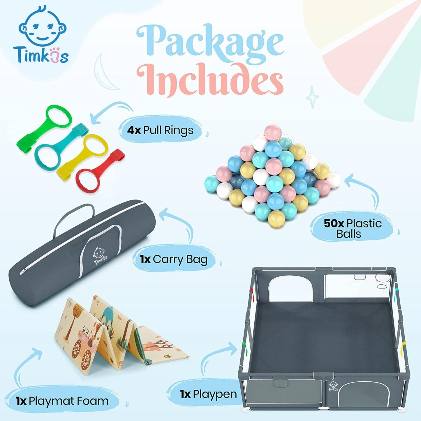 Baby Playpen with Mat 180×150cm, Baby Play Pen Extra-Large Playpens Play Mat with 50 Balls Pit, 4X Handlers, Baby Playmat, Basket Net for Toddler Babies with Breathable Mesh