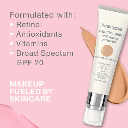 Neutrogena Retinol Treatment and Tinted Facial Moisturizer, Healthy Skin Anti-Aging Perfector with Broad Spectrum SPF 20 Sunscreen with Titanium Dioxide, 40 Neutral to Tan, 1 fl. oz