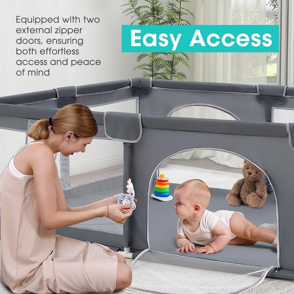 Playpals Baby Playpen – 180x200cm Spacious Play Yard for Babies & Toddlers , Grey