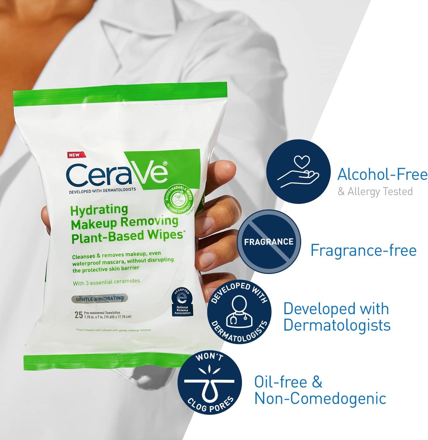 CeraVe Hydrating Facial Cleansing Makeup Remover Wipes| Plant Based Face Biodegradable in Home Compost| Wash Cloth| Suitable for Sensitive Skin| Fragrance-free Non-comedogenic