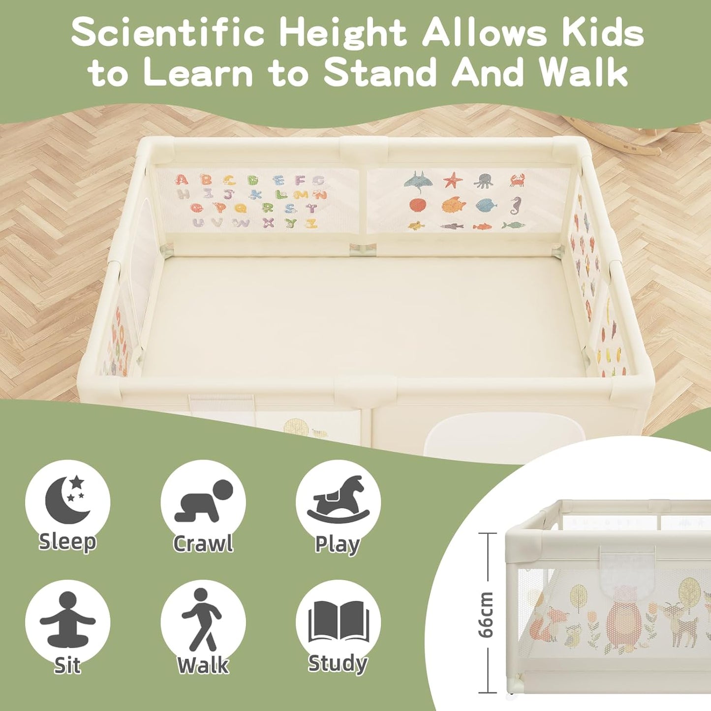 Baby Playpen 200 x 160 cm, Extra-Large Non-Slip Playpens with Patterns, 50 Ocean Balls, 6 Pull Rings (Beige)