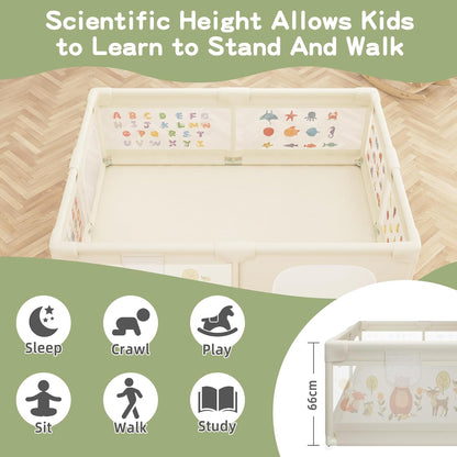 Baby Playpen 200 x 160 cm, Extra-Large Non-Slip Playpens with Patterns, 50 Ocean Balls, 6 Pull Rings (Beige)