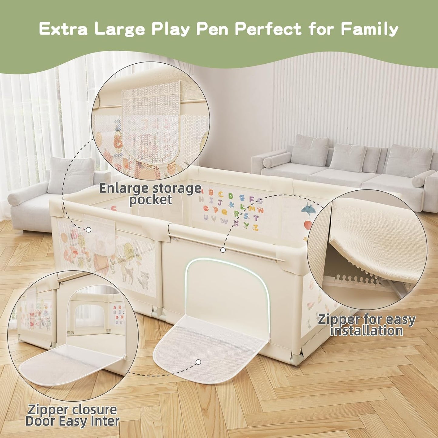 Baby Playpen 200 x 160 cm, Extra-Large Non-Slip Playpens with Patterns, 50 Ocean Balls, 6 Pull Rings (Beige)