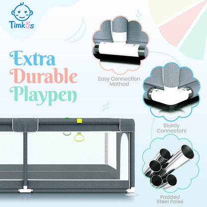 Baby Playpen with Mat 180×150cm, Baby Play Pen Extra-Large Playpens Play Mat with 50 Balls Pit, 4X Handlers, Baby Playmat, Basket Net for Toddler Babies with Breathable Mesh