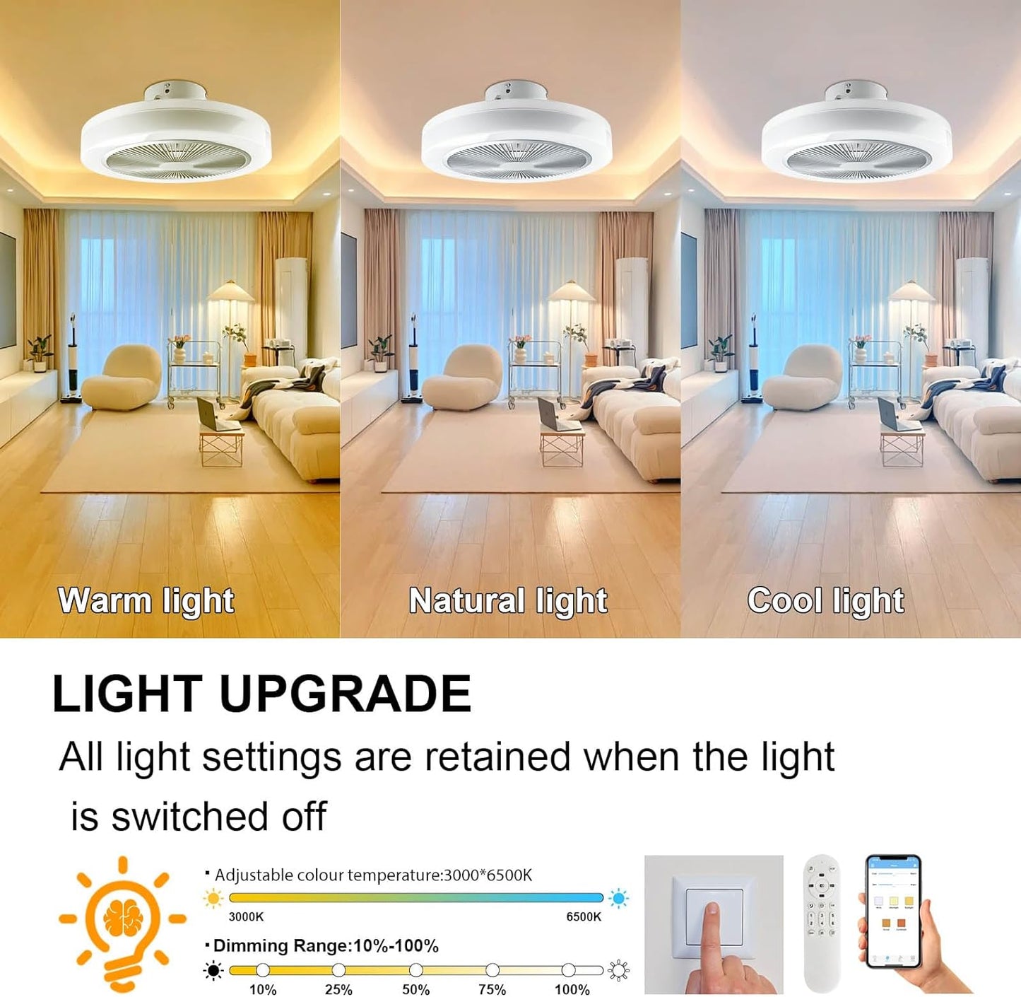 30W 50cm LED Ceiling Light with Fan,RGB Super Bright Lights，Bluetooth Music Speaker,Remote Control and APP,Adjustable Wind Speed and Light,3000k-6500k,Modern Ceiling Light for Bedroom,Living Room