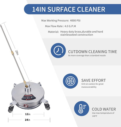 Biswing 14" Pressure Washer Surface Cleaner with 4 Wheels, Stainless Steel Power Washer Accessory for Driveways Sidewalks Patios Cleaning, 1/4" Quick Connector, 2 Extension Wand Attachments, 4000 PSI