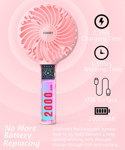 HonHey Handheld Fan Portable, Mini Hand Held Fan with USB Rechargeable Battery, 4 Speed Personal Desk Table Fan with Base, 3-10 Hours Operated Small Makeup Eyelash Fan for Women Girls Kids Outdoor