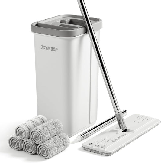 JOYMOOP Microfiber Mop and Bucket Set, White Flat Mop and Bucket with Wringer Set