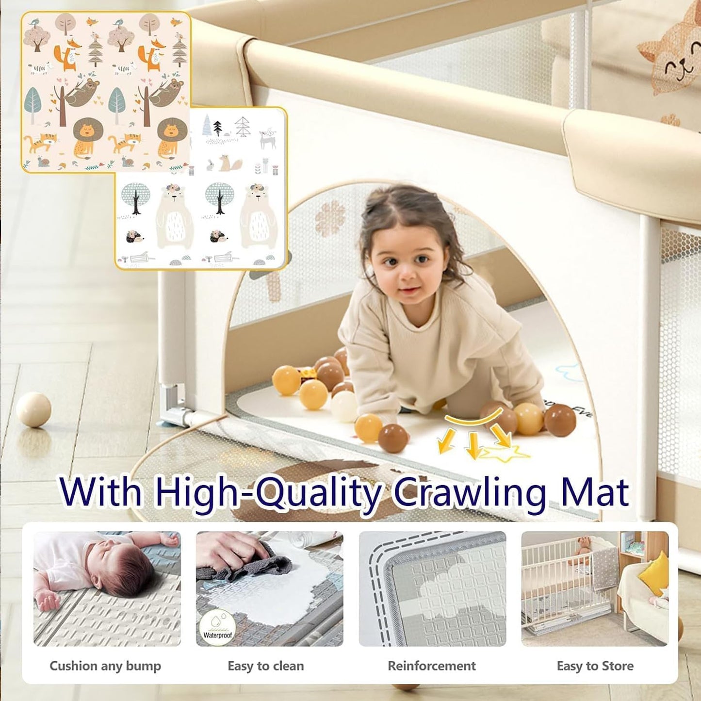 LIODUX Baby Playpen with Mat - 180 x 200cm, Baby Fence Play Area, Toddler (Khaki)