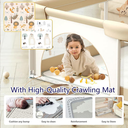 LIODUX Baby Playpen with Mat - 180 x 200cm, Baby Fence Play Area, Toddler (Khaki)