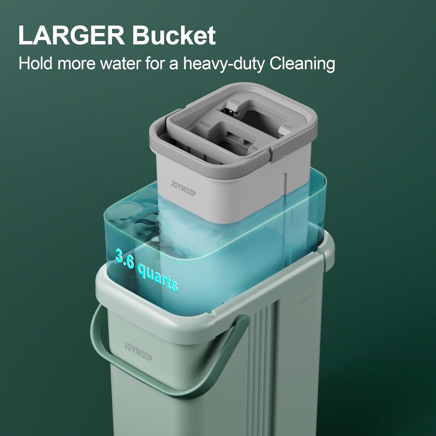 JOYMOOP Mop and Bucket Set with Wringer, Dust Mops for Floor Cleaning, Wall Cleaner with Long Handle, Microfiber Mop - Green Bucket with 3 Reusable 15" Microfiber Pads