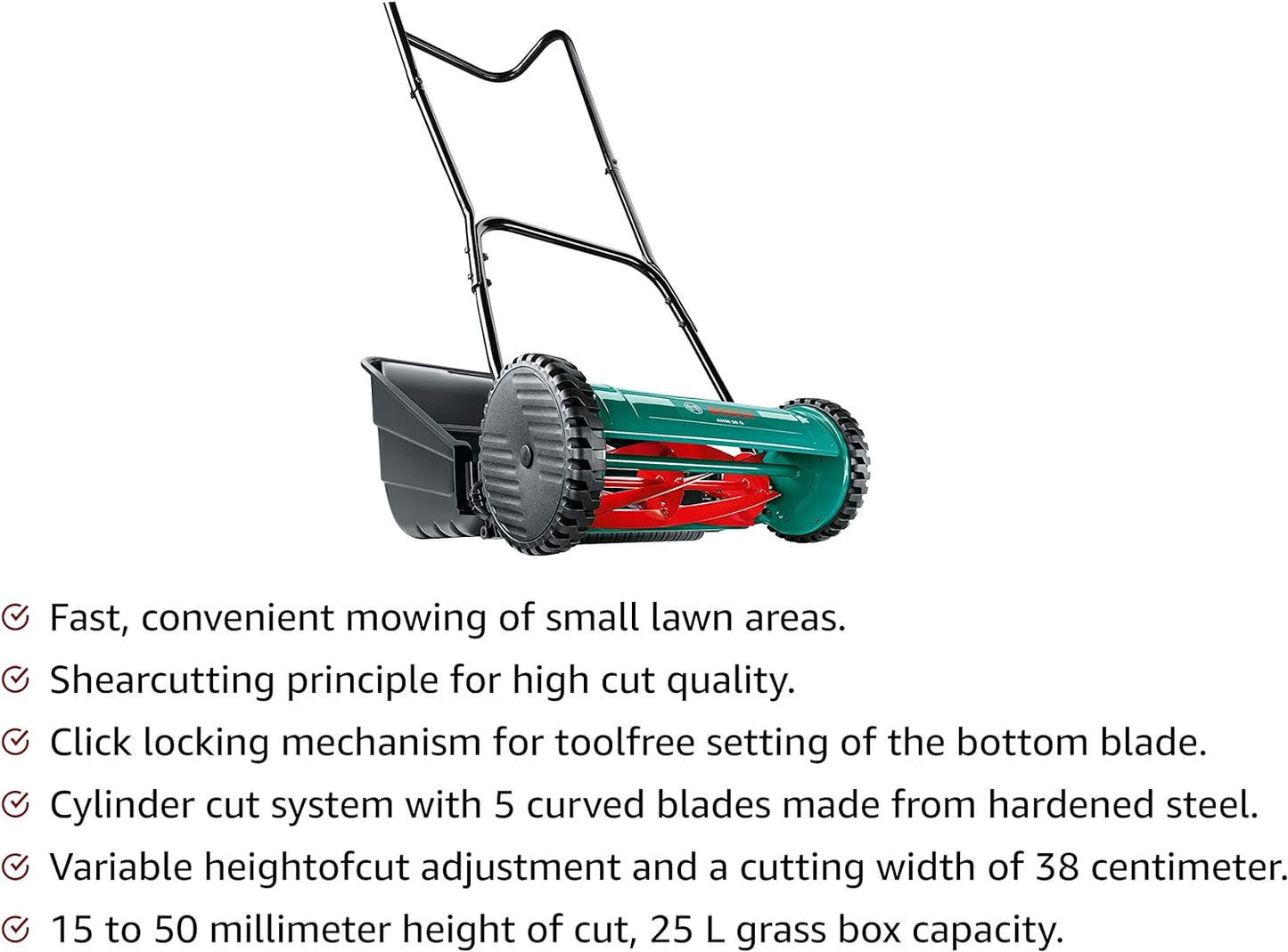 Bosch Home & Garden Manual Hand Push Cylinder Lawn Mower, 38 cm, with Grass Catcher (AHM 38G)
