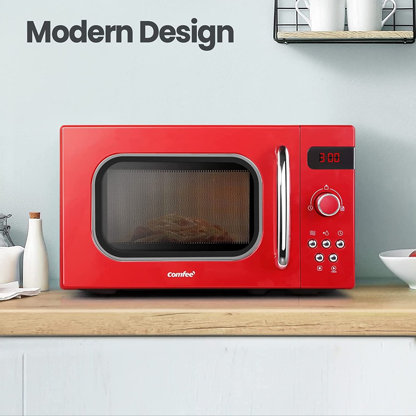 Comfee 20L Microwave Oven 800W Countertop Kitchen 8 Cooking Settings Red