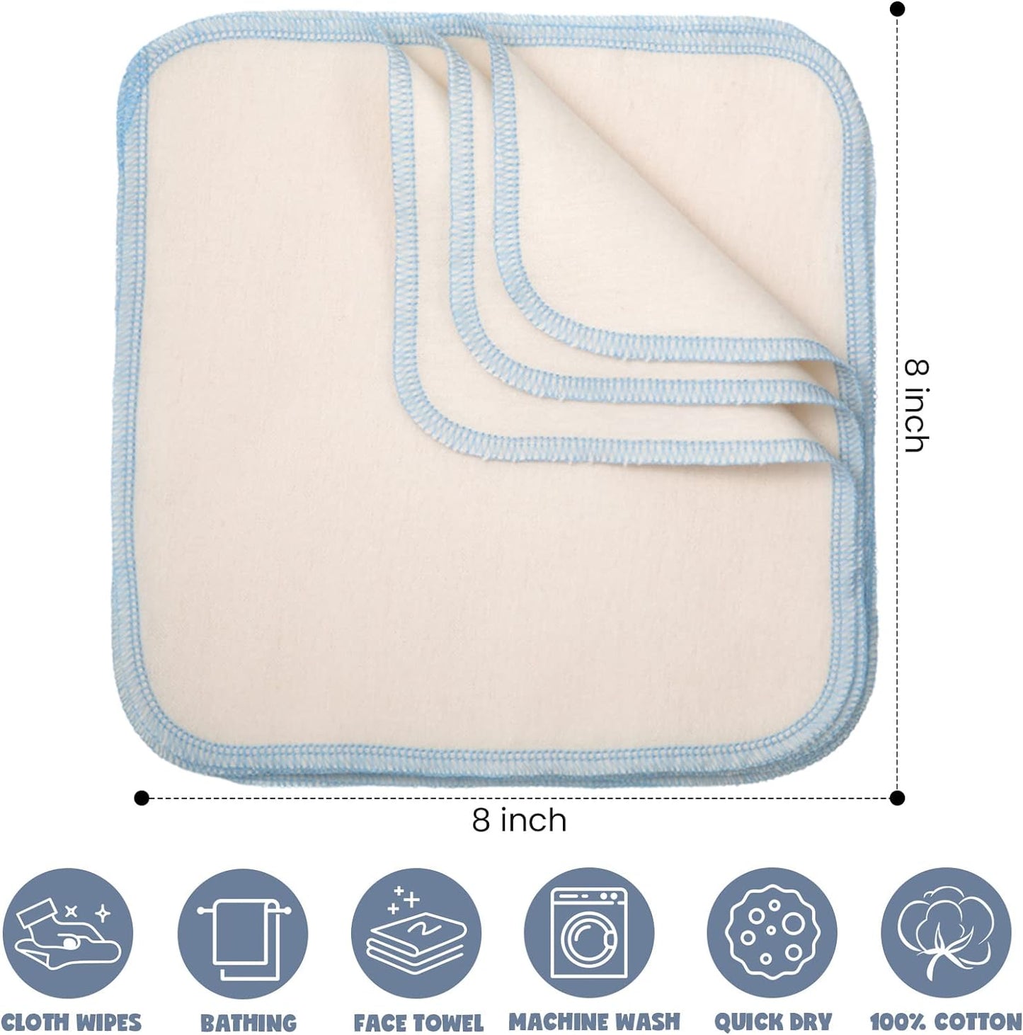 Mimorou 45 Pcs Flannel Cloth Baby Wipes Reusable Baby Diapers Wipes Washable Natural Unbleached Baby Face Wipes Soft and Sturdy Cloth Wipes 5 Colors Outer Stitching 8 x 8 Inches, 1.0 Count