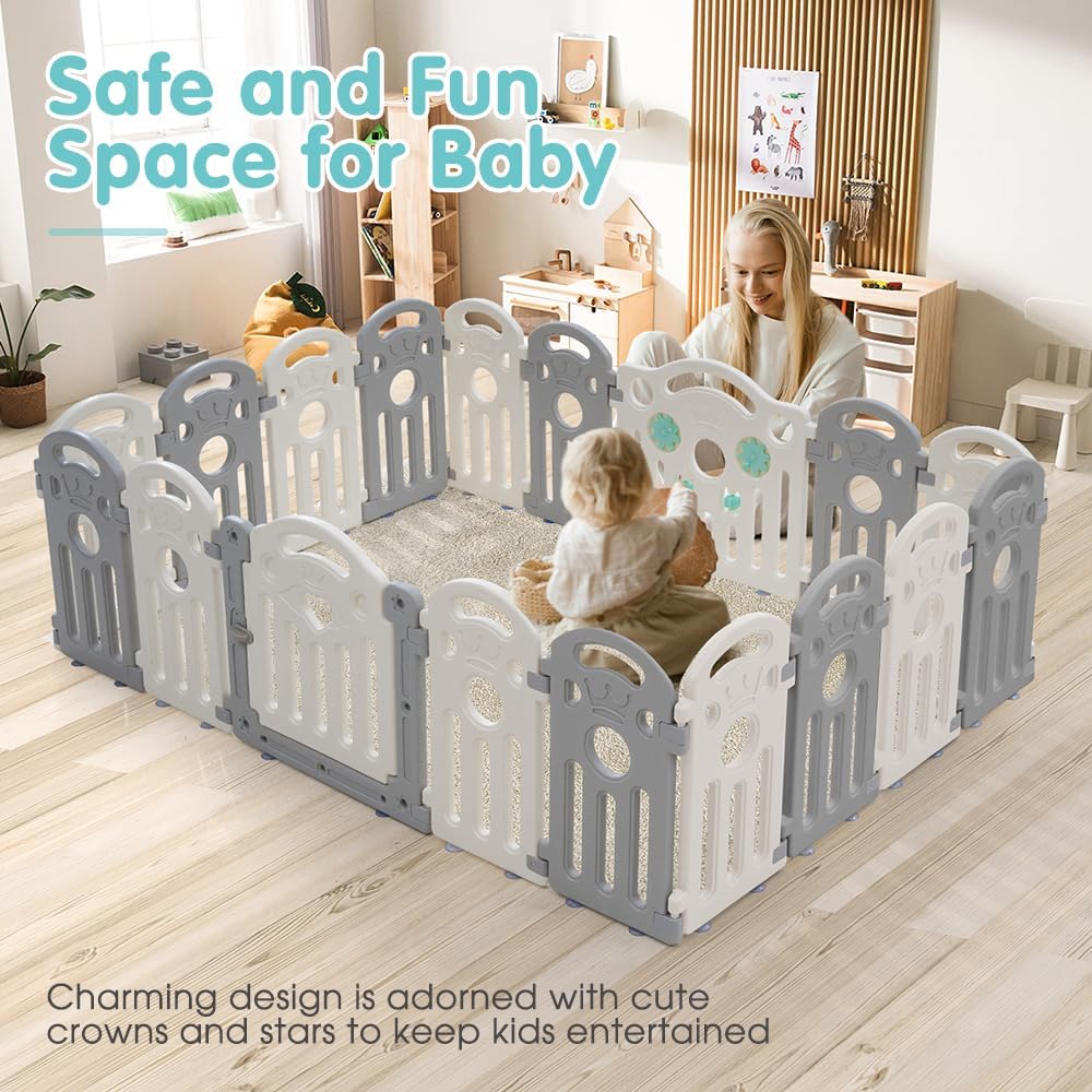 PlayPals Baby Playpen, 18 Panels Baby Play Pen with Lock Door, Adjustable  (Gray + White)