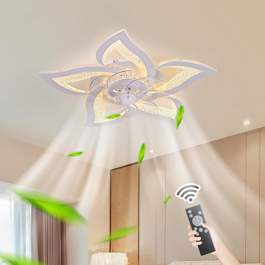 Ganeed Modern Low Profile Ceiling Fan with Lights Dimmable LED Ceiling Fans with Remote Control Flower Shape Ceiling Lamp for Bedroom Living Room Dining Room, 6 Speeds