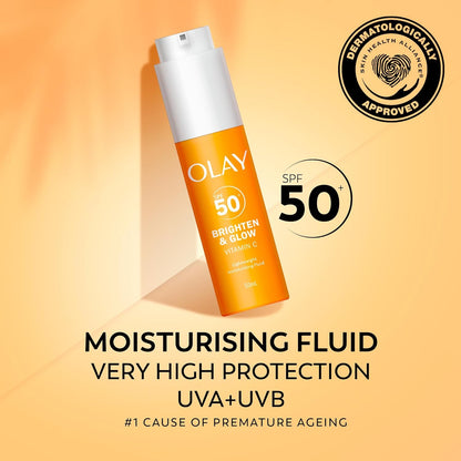 Olay Vitamin C Brighten & Glow 3in1 Moisturising Fluid SPF50+ Hydrating Skincare Moisturiser and Primer with Niacinamide. Hydration, Glow, UV Protection, Corrects Dark Spots 50ml
