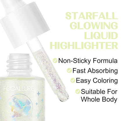 FOCALLURE Starfall Glowing Liquid Highlighter, Shimmering Body Oil, Non-Sticky Shimmer Liquid Luminizer, Non-Greasy, Face & Body Glitter Makeup for Costumes, Cosplay, Rave Festival, FIRELY FOREST