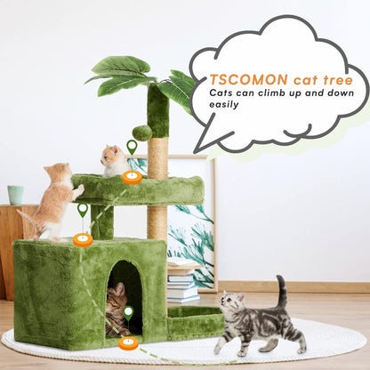 TSCOMON 31.5'' Cat Tree Cat Tower for Indoor Cats with Green Leaves, Cat Condo Cozy Plush Cat House with Hang Ball & Leaf Shape Design, Cat Furniture Pet House with Cat Scratching Posts, Green (CT06)