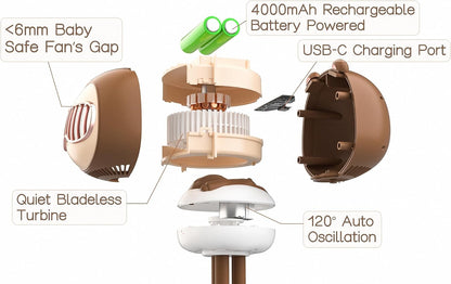 KinYiLO Cute Stroller Fan Clip On for Baby, Portable Baby Stroller Fans Bladeless, 4 Speeds Auto Oscillating, 4000mAh Rechargeable Battery Powered, Flexible Tripod Small Cooling Fan for Crib/Car seat