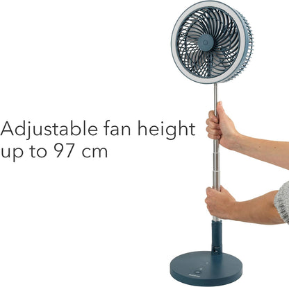 Beldray EH3413B Cooling Fan, Cordless Folding 3 In 1 Cooler, USB Rechargeable Desk/Pedestal/Wall Fan, For Home, Office, Bedroom, Adjustable Standing Room Fan, LED Ring Light, 3 Speed Settings, Blue