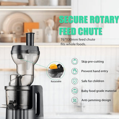Cold Press Juicer Masticating Slow Juicer, Orange Juicer with 76-130mm Wide Mouth Feed Chute for Full-Bodied Fruit & Veg Juice, High Yield Preserves